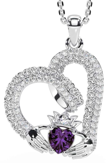 Diamond Alexandrite White Gold Claddagh Trinity knot Necklace