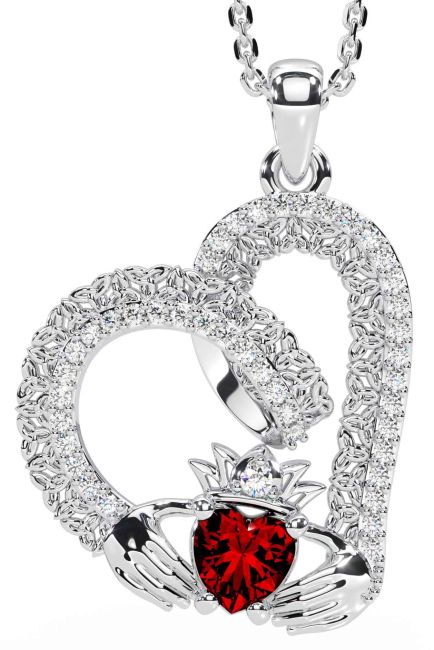 Diamond Garnet White Gold Claddagh Trinity knot Necklace