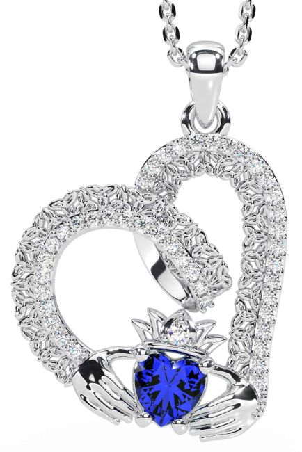 Diamond Sapphire White Gold Claddagh Trinity knot Necklace