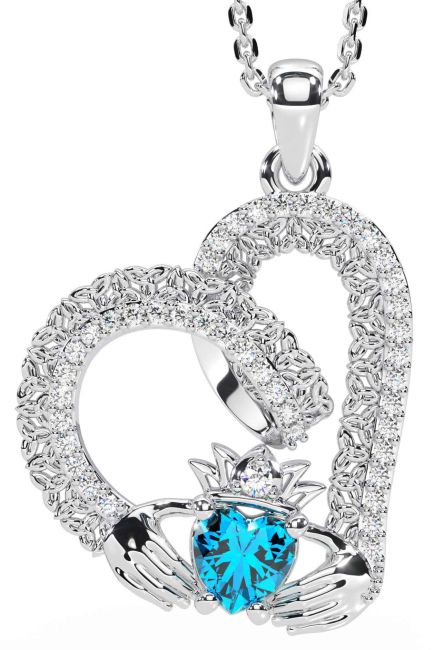 Diamond Topaz White Gold Claddagh Trinity knot Necklace