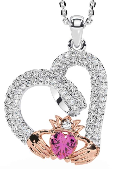 Turmalina roz diamant Claddagh Trinity din aur alb trandafir colier nod