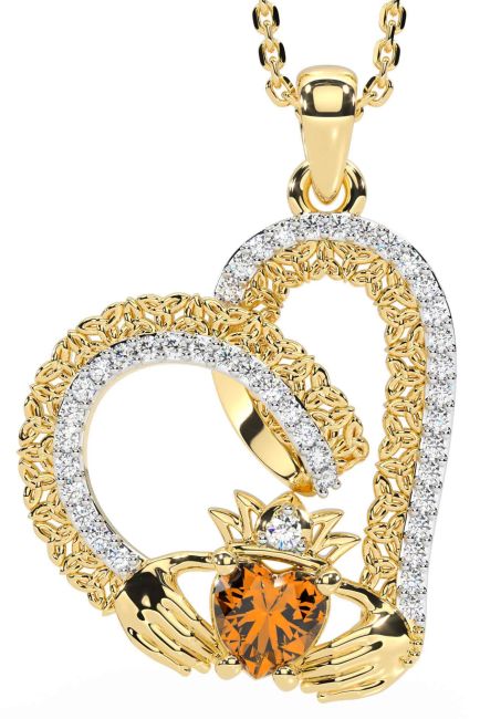Diamond Citrine Gold Claddagh Trinity knot Necklace