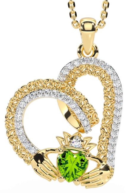 Diamond Peridot Gold Claddagh Trinity knot Necklace