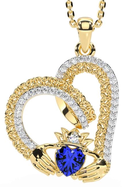 Diamond Sapphire Gold Claddagh Trinity knot Necklace