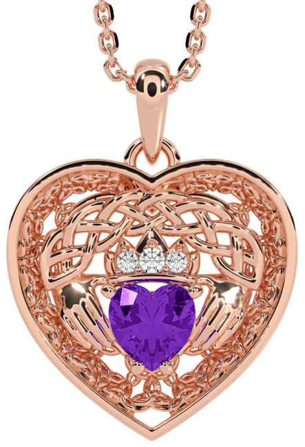 Diamond Amethyst Rose Gold Silver Celtic Claddagh Trinity Knot Heart Necklace