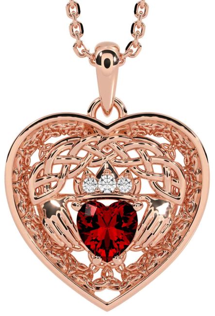 Diamond Garnet Rose Gold Silver Celtic Claddagh Trinity Knot Heart Necklace