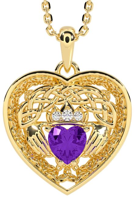 Diamond Amethyst Gold Silver Celtic Claddagh Trinity Knot Heart Necklace