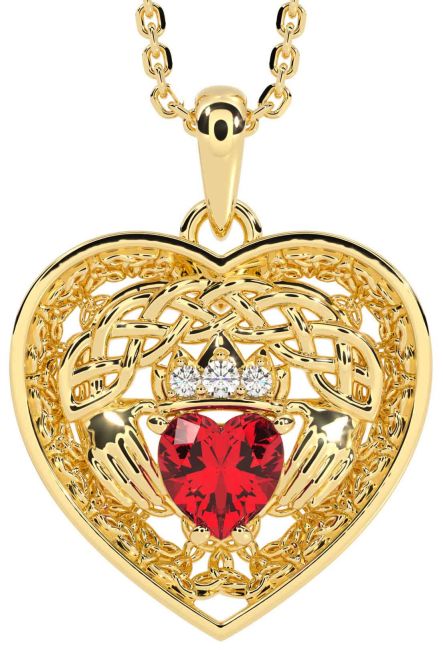 Diamond Ruby Gold Silver Celtic Claddagh Trinity Knot Heart Necklace