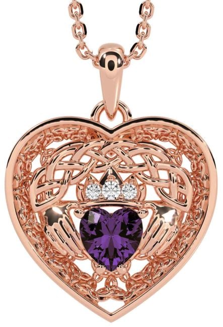 Diamond Alexandrite Rose Gold Celtic Claddagh Trinity Knot Heart Necklace