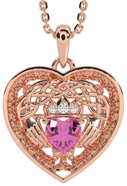 Diamond Pink Tourmaline Rose Gold Celtic Claddagh Trinity Knot Heart Necklace