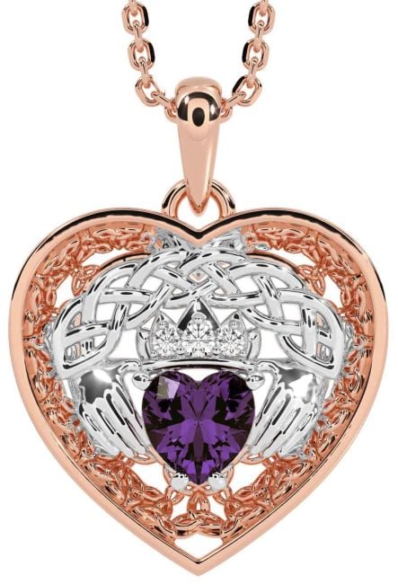 Diamond Alexandrite White Rose Gold Celtic Claddagh Trinity Knot Heart Necklace