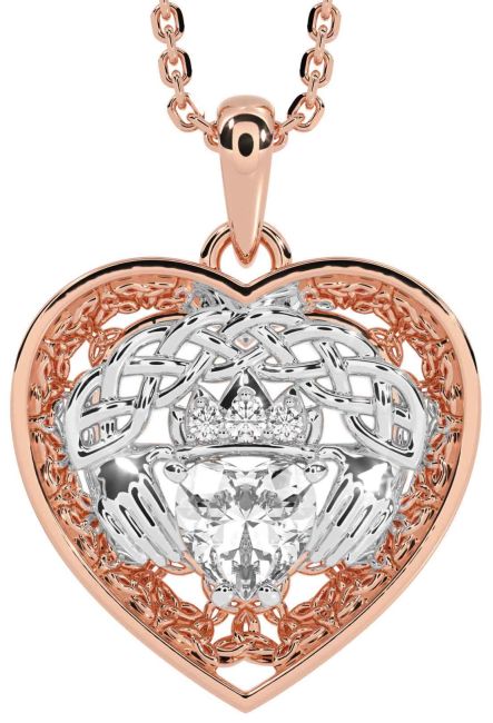 Diamond White Rose Gold Celtic Claddagh Trinity Knot Heart Necklace