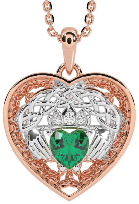 Diamond Emerald White Rose Gold Celtic Claddagh Trinity Knot Heart Necklace