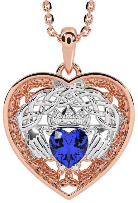 Diamond Sapphire White Rose Gold Celtic Claddagh Trinity Knot Heart Necklace