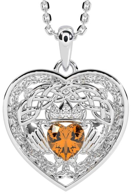 Diamond Citrine Silver Celtic Claddagh Trinity Knot Heart Necklace