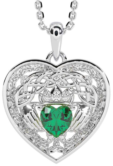Diamond Emerald Silver Celtic Claddagh Trinity Knot Heart Necklace