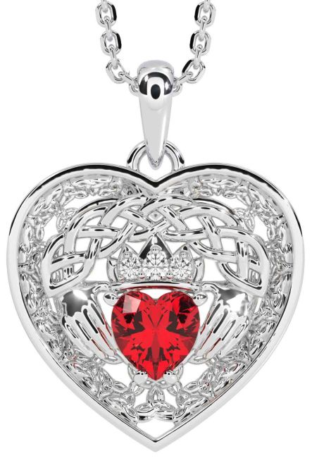 Diamond Ruby Silver Celtic Claddagh Trinity Knot Heart Necklace