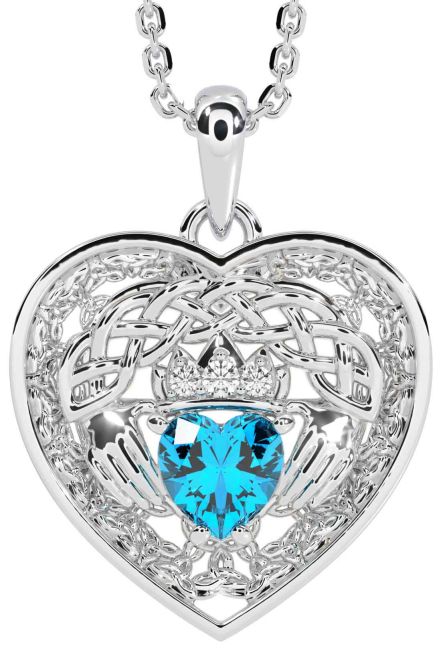 Diamond Topaz Silver Celtic Claddagh Trinity Knot Heart Necklace