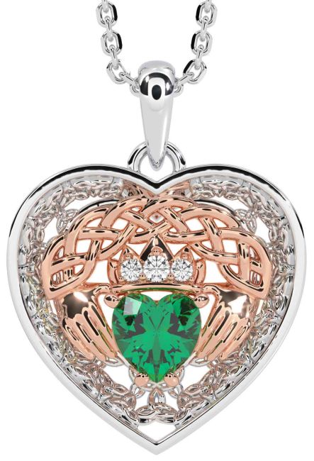 Diamond Emerald Rose Gold Silver Celtic Claddagh Trinity Knot Heart Necklace