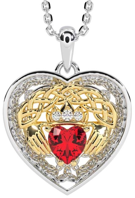 Diamond Ruby Gold Silver Celtic Claddagh Trinity Knot Heart Necklace