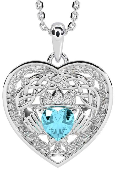 Diamond Aquamarine White Gold Celtic Claddagh Trinity Knot Heart Necklace