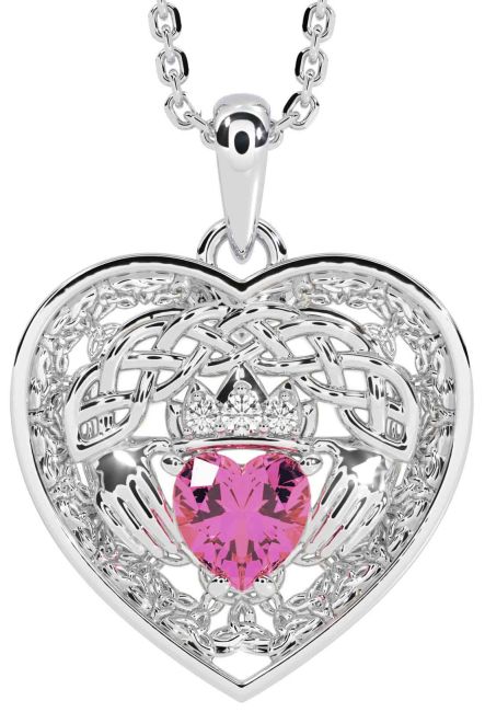 Diamond Pink Tourmaline White Gold Celtic Claddagh Trinity Knot Heart Necklace