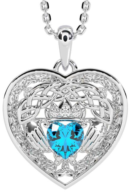 Diamond Topaz White Gold Celtic Claddagh Trinity Knot Heart Necklace