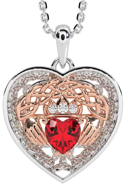 Diamond Ruby White Rose Gold Celtic Claddagh Trinity Knot Heart Necklace