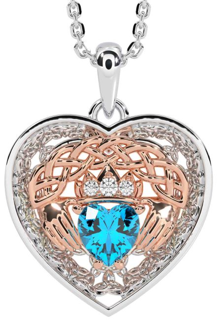 Diamond Topaz White Rose Gold Celtic Claddagh Trinity Knot Heart Necklace