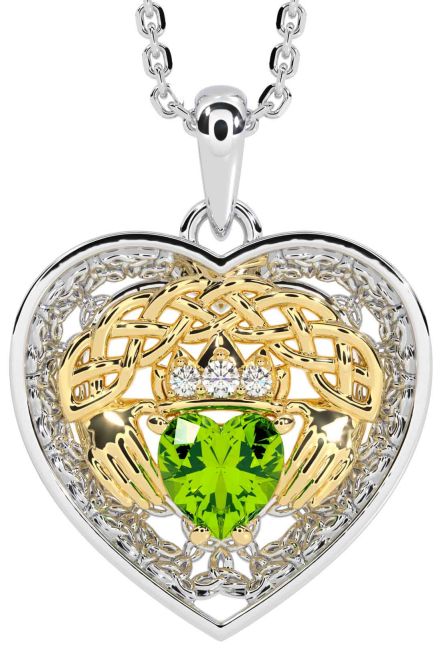 Diamond Peridot White Yellow Gold Celtic Claddagh Trinity Knot Heart Necklace
