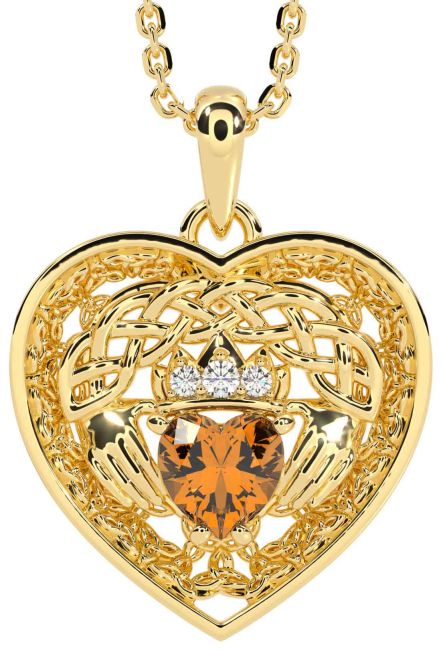 Diamond Citrine Gold Celtic Claddagh Trinity Knot Heart Necklace