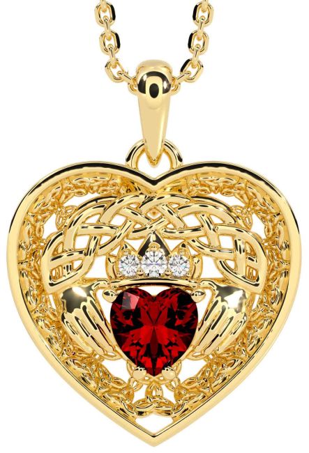 Diamond Garnet Gold Celtic Claddagh Trinity Knot Heart Necklace