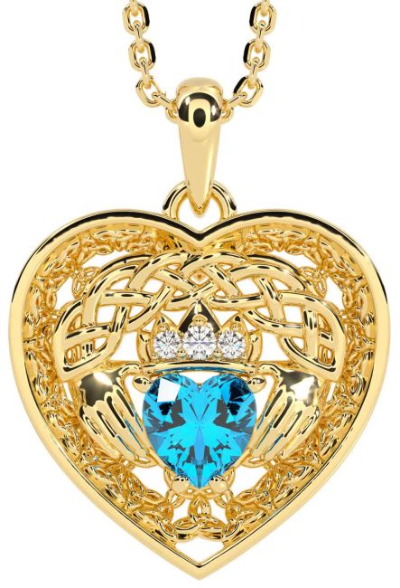 Diamond Topaz Gold Celtic Claddagh Trinity Knot Heart Necklace