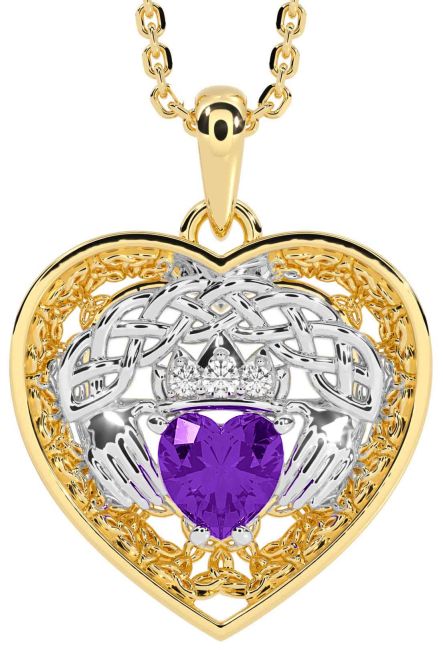Diamond Amethyst White Yellow Gold Celtic Claddagh Trinity Knot Heart Necklace