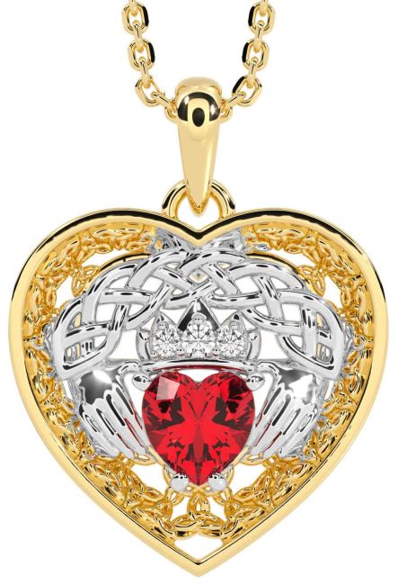 Diamond Ruby White Yellow Gold Celtic Claddagh Trinity Knot Heart Necklace