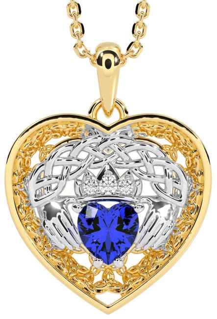 Diamond Sapphire White Yellow Gold Celtic Claddagh Trinity Knot Heart Necklace