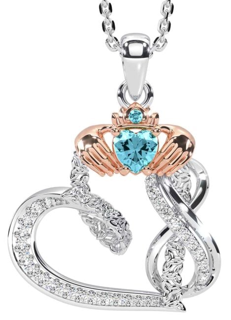 Diamond Aquamarine Rose Gold Silver Claddagh Infinity Trinity knot Necklace