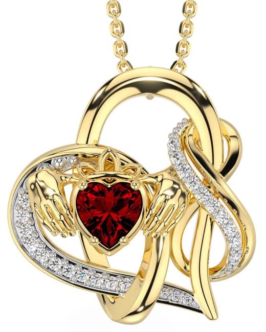 Diamond Garnet Gold Silver Claddagh Infinity Necklace