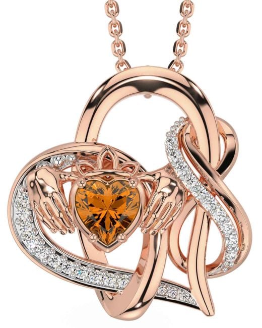 Diamond Citrine Rose Gold Claddagh Infinity Necklace