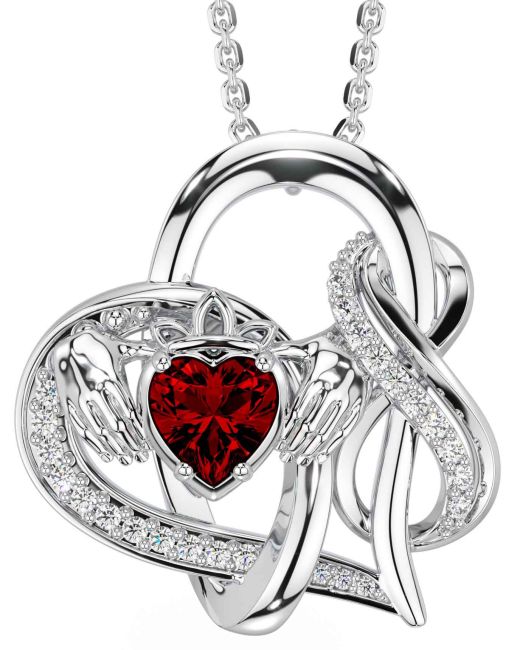 Diamond Garnet White Gold Claddagh Infinity Necklace