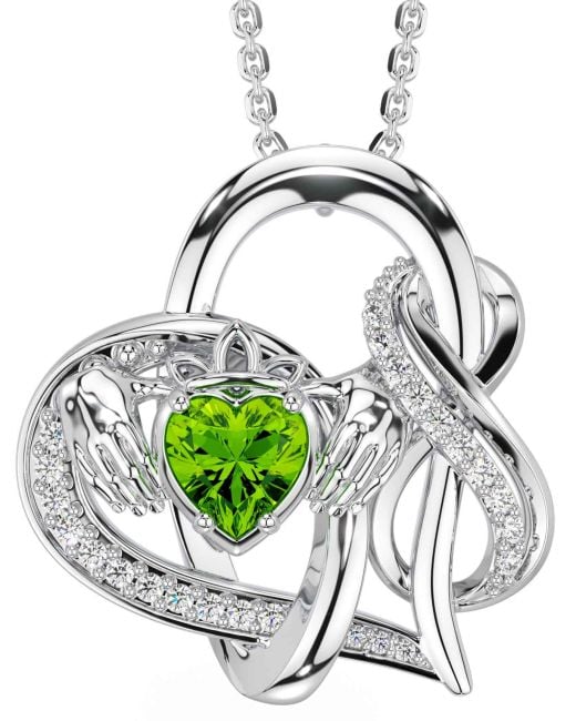 Diamond Peridot White Gold Claddagh Infinity Necklace