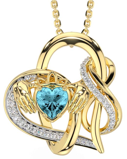 Diamond Aquamarine Gold Claddagh Infinity Necklace