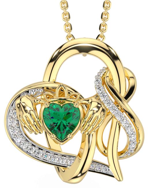 Diamond Emerald Gold Claddagh Infinity Necklace