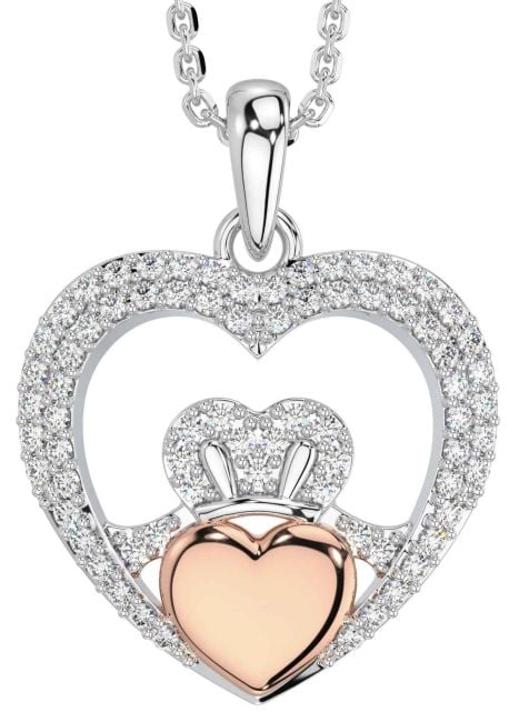 Diamond Rose Gold Silver Claddagh Celtic Heart Necklace