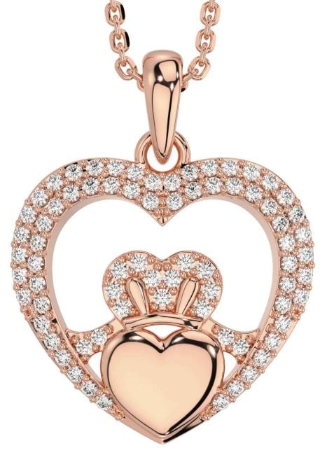 Diamond Rose Gold Silver Claddagh Celtic Heart Necklace