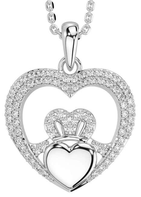 Diamond Silver Claddagh Celtic Heart Necklace