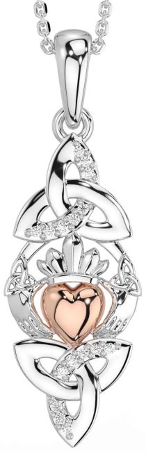 Diamond Rose Gold Silver Claddagh Celtic Trinity Knot Necklace