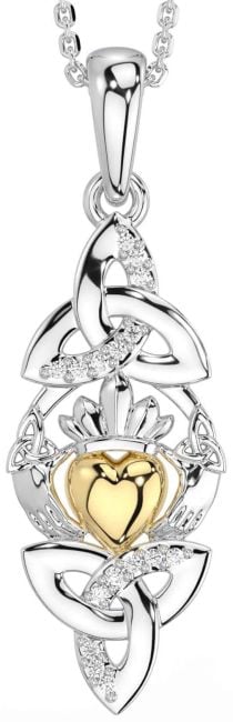 Diamond Gold Silver Claddagh Celtic Trinity Knot Necklace