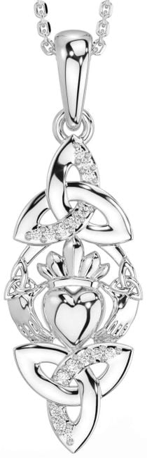 Diamond White Gold Claddagh Celtic Trinity Knot Necklace
