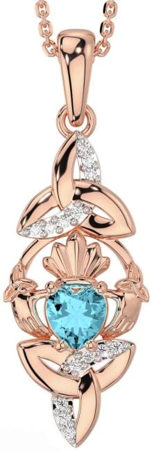 Diamond Aquamarine Rose Gold Silver Claddagh Celtic Trinity Knot Necklace